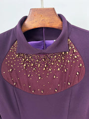 Purple Beaded Mesh Neckline Flare Sleeve Maxi Dress
