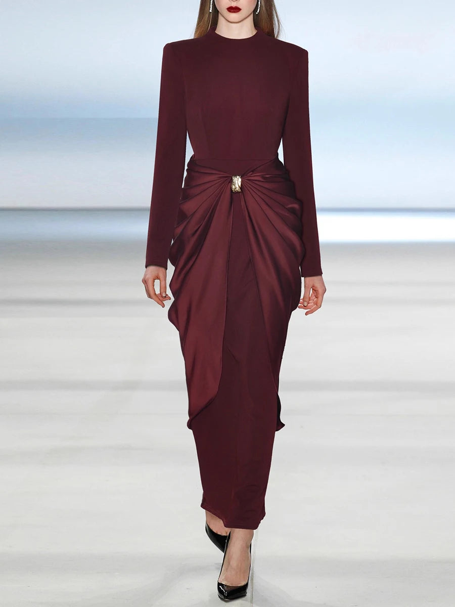long sleeve satin draped maxi dress Satin Drape Maxi Dress with Shirred Waist and Long Sleeves