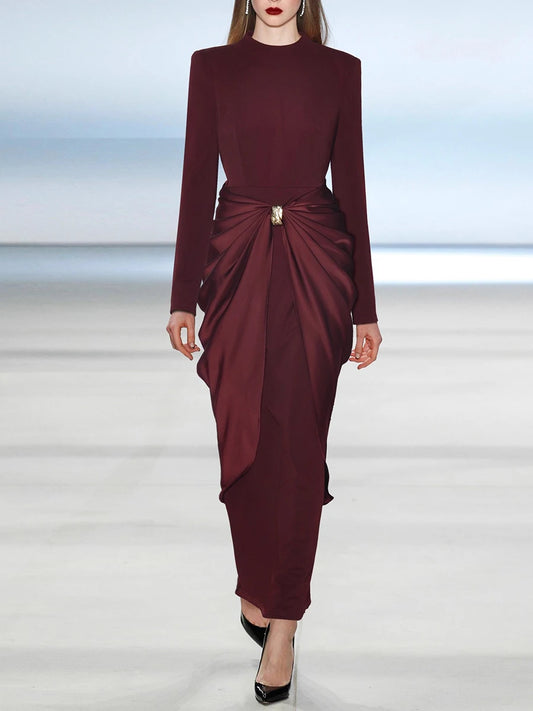 Satin draped maxi dress with shirred waist and long sleeves