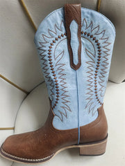 Embroidered Square Toe Block Heel Boots