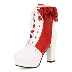 Red and white lace-up boot with high heel on a white background