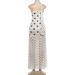 Polka Dot Scarf Ribbon Backless Maxi Dress