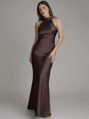 Halter Neck Sleeveless Satin Maxi Dress