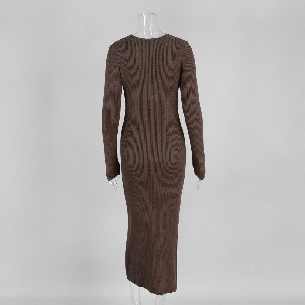Brown ribbed dress on a mannequin against a gray background