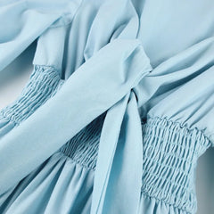 Light Blue A-Line Linen Dress | Lace-Up V-Neck Autumn Midi