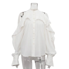 White blouse with ruffled sleeves on a mannequin against a white background