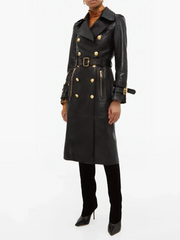 Double breasted leather trench shown in long silhouette