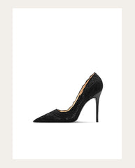 Black high-heeled shoe on a white background
