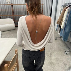 Open Back Boat Neck Long Sleeve Top