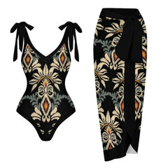 V-Neck Tie-Strap Swimsuit and Wrap Skirt Set