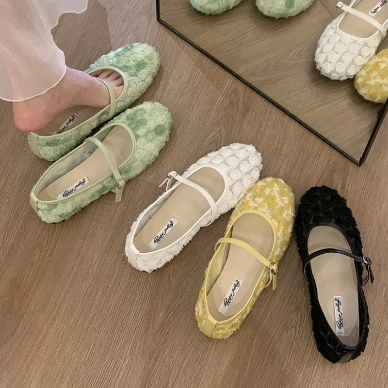 Collection of floral mesh Mary Jane flat shoes in various colors