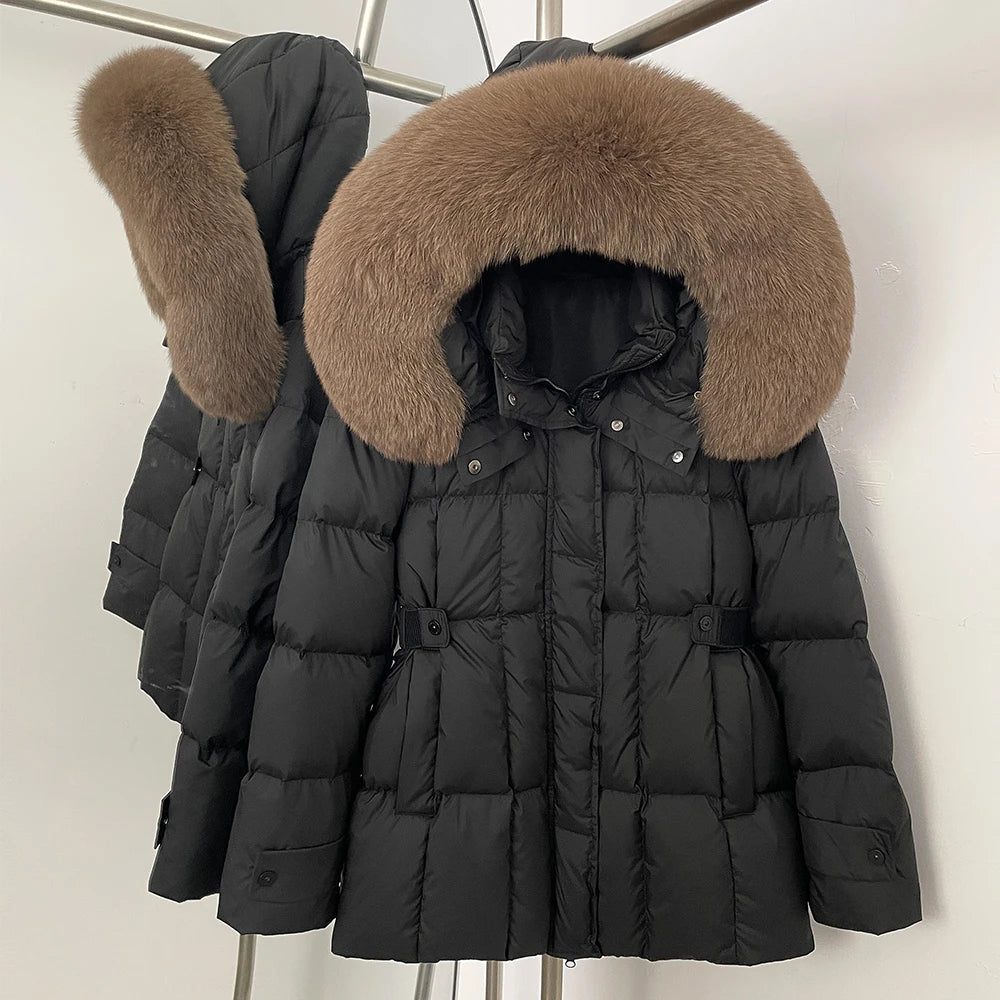 Black puffer jacket with brown fur hood