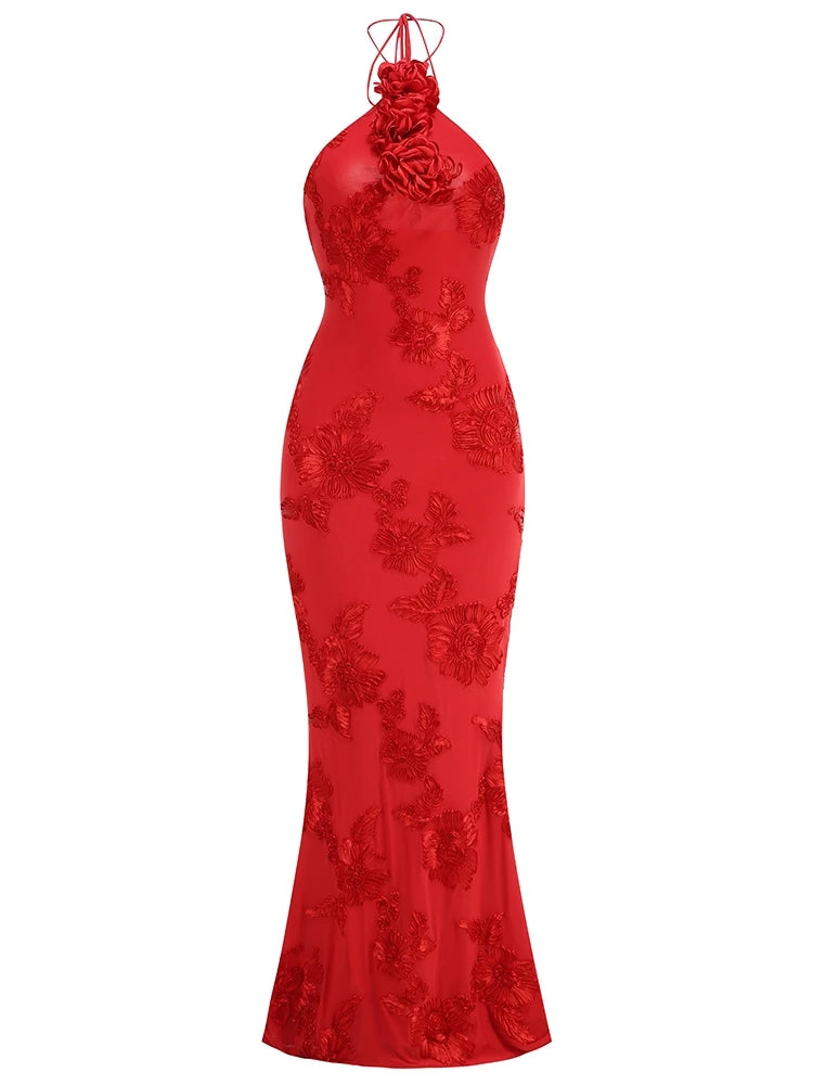 Red floral evening gown on a white background
