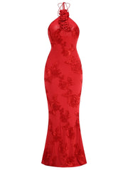 Red floral evening gown on a white background