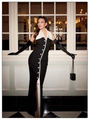 Turndown Collar Pearl Button A-line Black Midi Dress