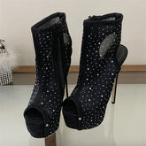 Black rhinestone mesh peep toe stiletto ankle boots
