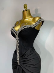 Off-the-shoulder Diamond Embellished Draped Ankle-Length Bandage Dress