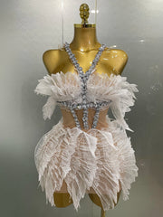 Feather Embellished Crystal Neck Wings Mini Dress