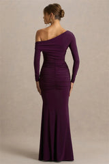 One Shoulder Ruched Long Sleeve Maxi Gown