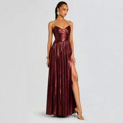 Metallic Burgundy Plunging Neckline Slit Maxi Dress
