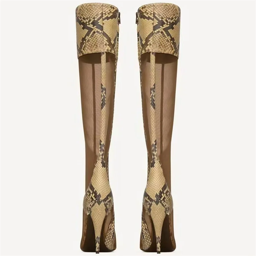 Pair of snake print mesh stiletto knee-high boots back view