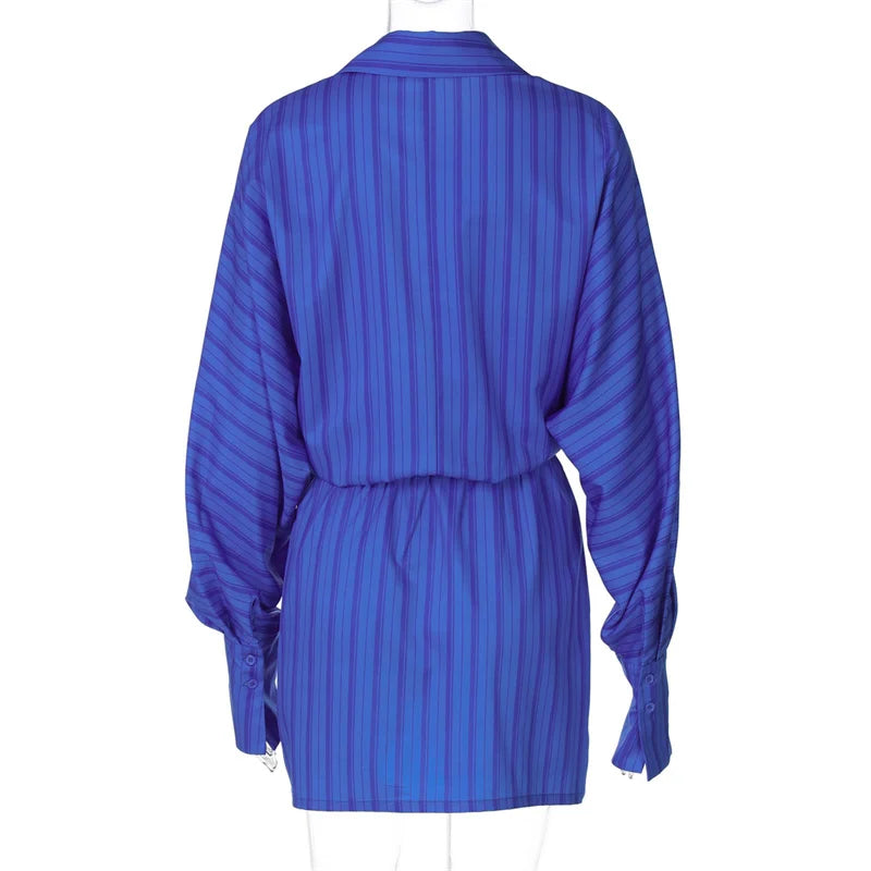 Blue striped dress on a mannequin against a white background