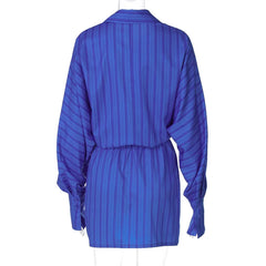 Blue striped dress on a mannequin against a white background