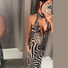 Zebra Print Halter Tie Maxi Dress