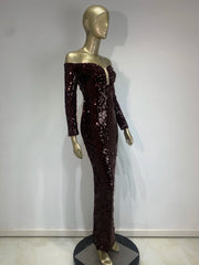 Burgundy Off Shoulder Mesh Sequin Maxi Gown
