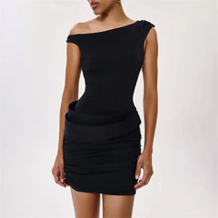Inclined Shoulder Ruched Mini Dress