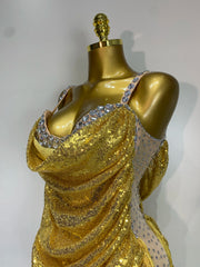 Close-up of gold sequin cowl neck bodysuit neckline