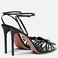 Black patent leather thin heel sandals with bow detail