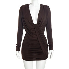 Draped Deep Neck Long Sleeve Mini Dress
