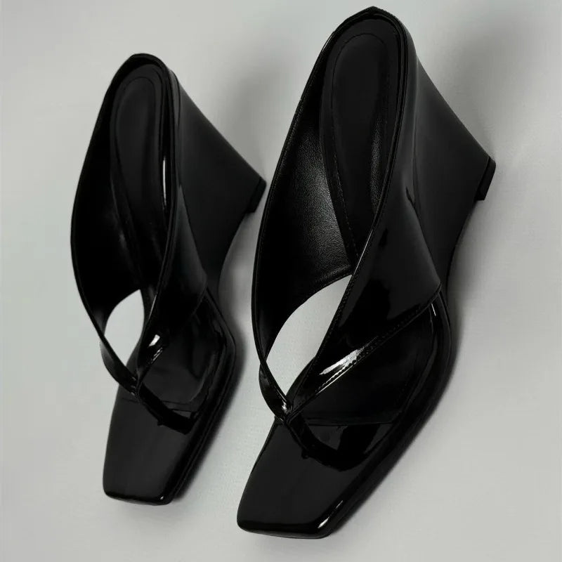 Patent square toe wedge heels