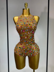 Rhinestone mesh see through bodysuit