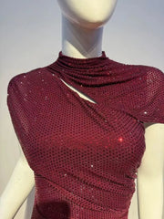 Burgundy sequin midi dress showing the detailed neckline and embellishments on a mannequin.