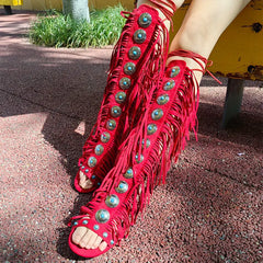 Fringed Gladiator Open Toe Flat Sandals