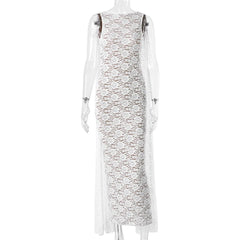 Ribbon Drape Detail Lace Maxi Dress