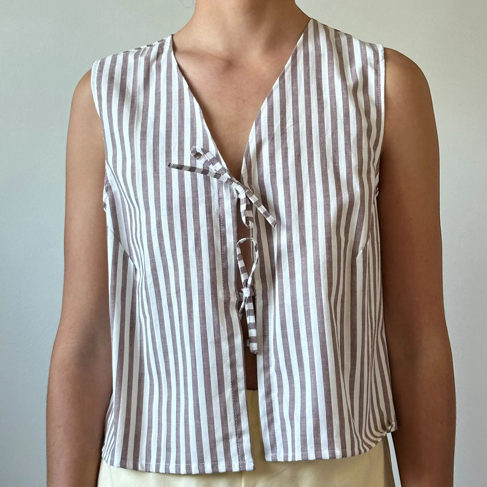 Brown striped tie front sleeveless crop top
