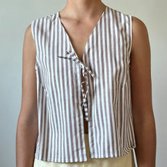 Brown striped tie front sleeveless crop top