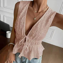 Pink V-neck lace-up peplum top