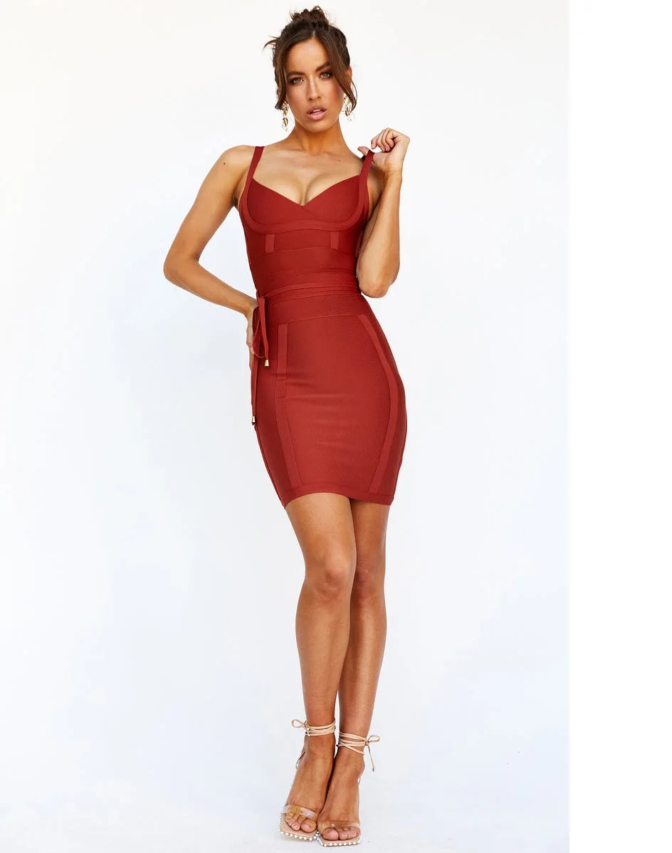 Woman wearing a red bandage dress on a white background