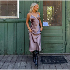 Satin Slip Lace Trim Straps V-neck Long Dress