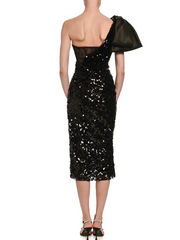 Black One-Shoulder Sequin Midi Dress with Bow Detail