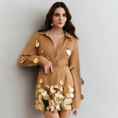 Round Sequins Long Sleeve Shirt and Mini Skirt Set