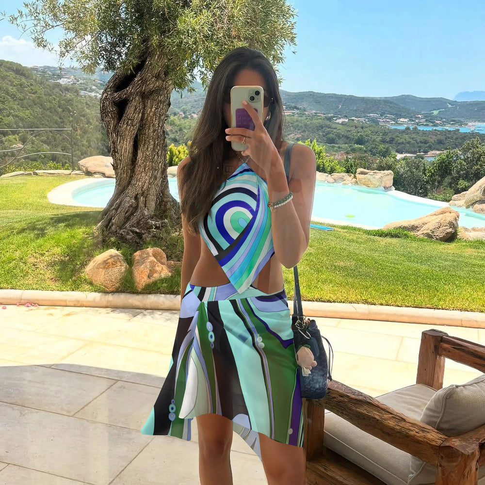 Abstract print cutout one-piece swimsuit with skirt