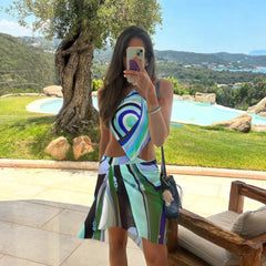Abstract print cutout one-piece swimsuit with skirt