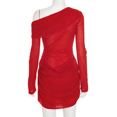 Red one-shoulder dress on a mannequin against a white background