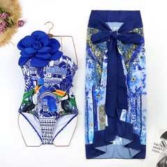One-Shoulder Swimsuit with Oversized Flower Detail and Matching Printed Sarong Set