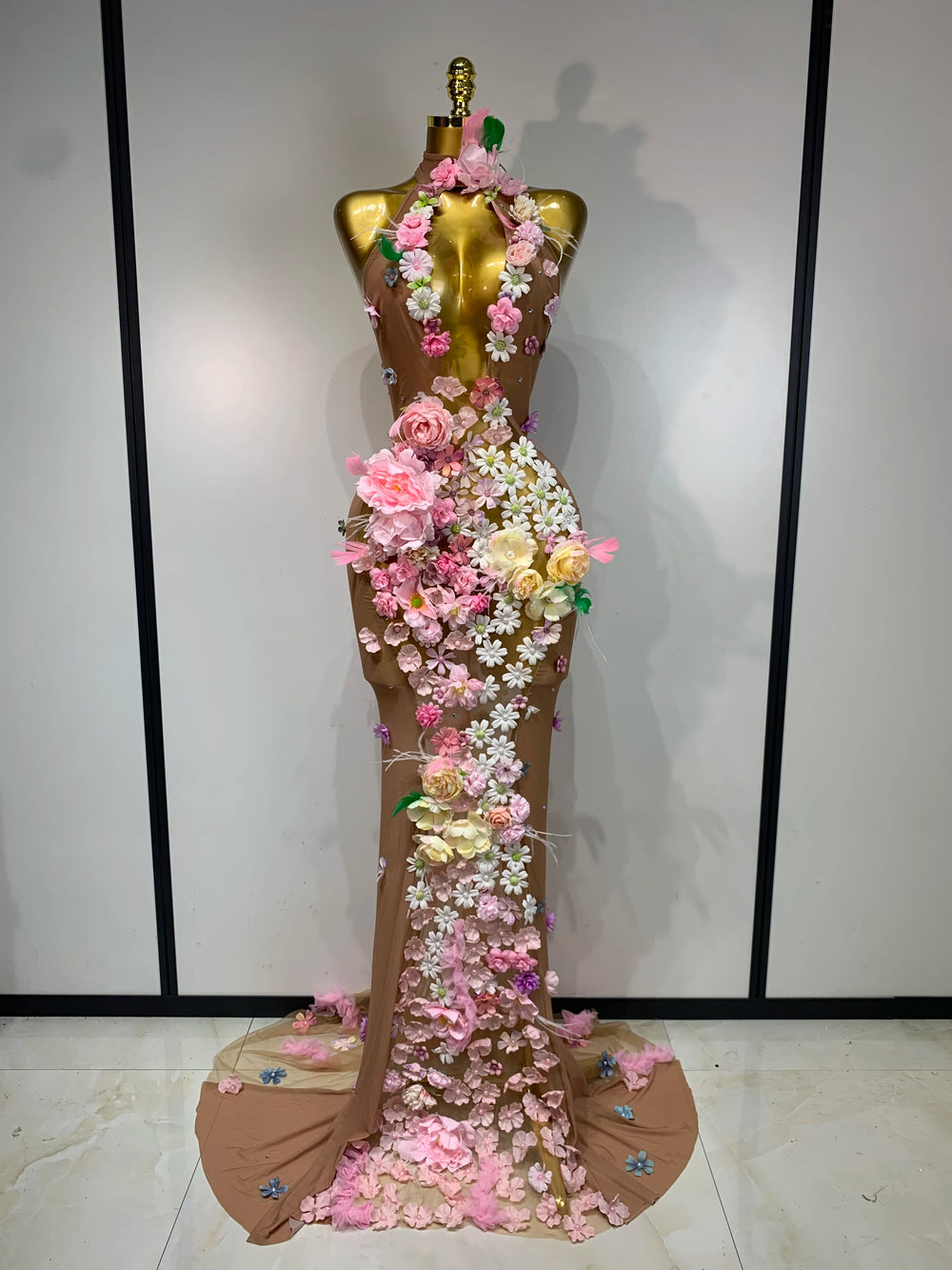 Floral applique halter maxi dress front view